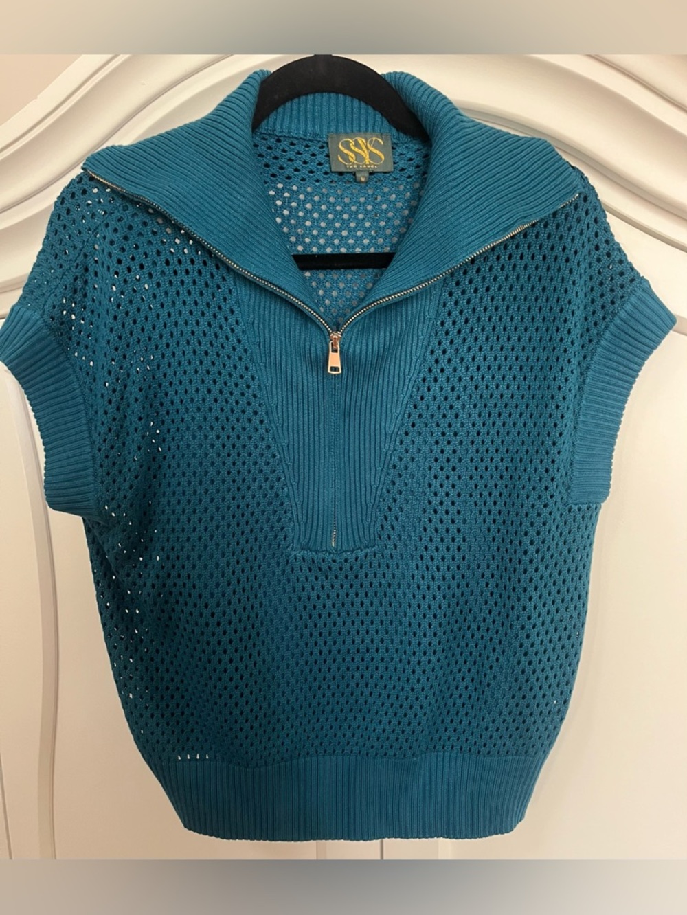 SSYS The Suzy Crochet Shawl Collar Top In Dark Teal NWOT Medium - Picture 4 of 11